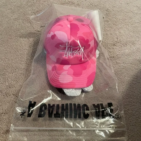 Bape Stussy Pink Cap Bape X Stussy Trucker Cap Pink White